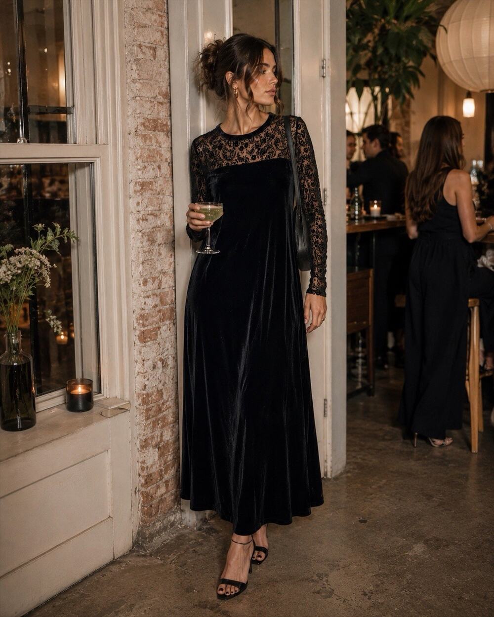 Jacqueline Ferrar Vintage Black Velvet Burnout Lace Long Sleeve Maxi Dress Sz 8